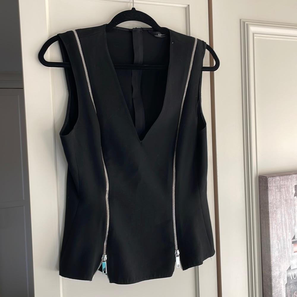 Zara Woman Black Double Zip Detail Sleeveless Top size L
